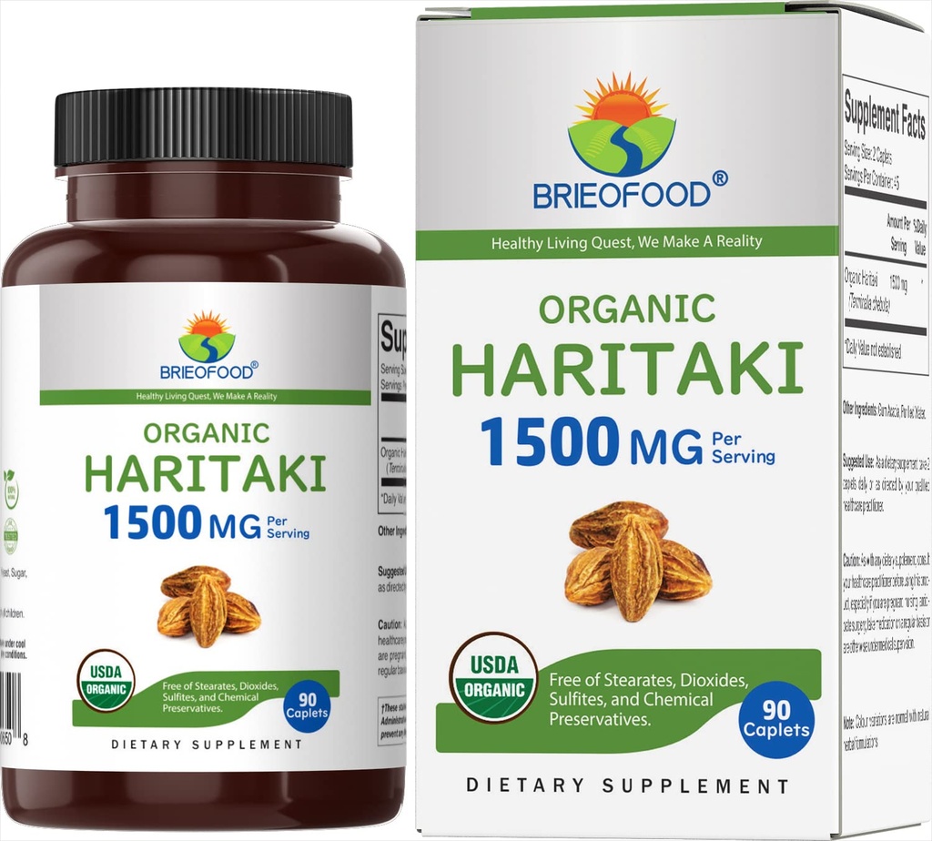 Brieofood Bio Haritaki 1500mg, 45 Servierungen, Vegetarisch, Glutenfrei, 90 vegetarische Tabletten