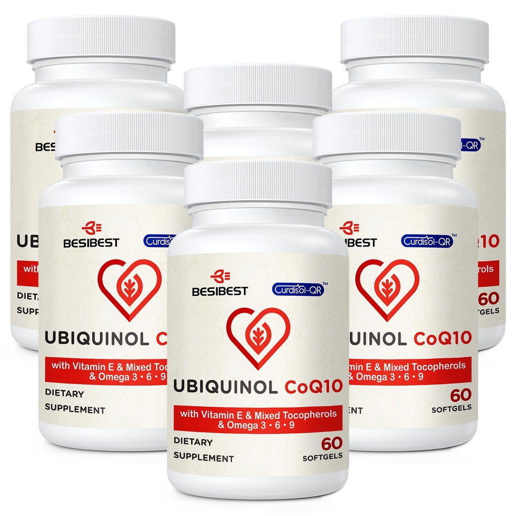 Ubiquinol CoQ10-600mg-Softgel, Active Coq10 Ubiquinol Supplemento con vitamina E & Omega 3, 6, 9, alto assorbimento-Coenzyme-Q10, potente antiossidante per la produzione di energia, testato, 360 conte