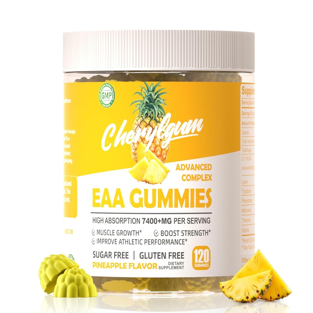 EAA Gummies 120 Ananas Gummies, 7400 mg Aminoacidi essenziali - Tutti 9 Aminoacidi essenziali (EAA) e All Branched-Chain Aminos (BCAA), Non OGM, Gluten Free, Per vegetariani.