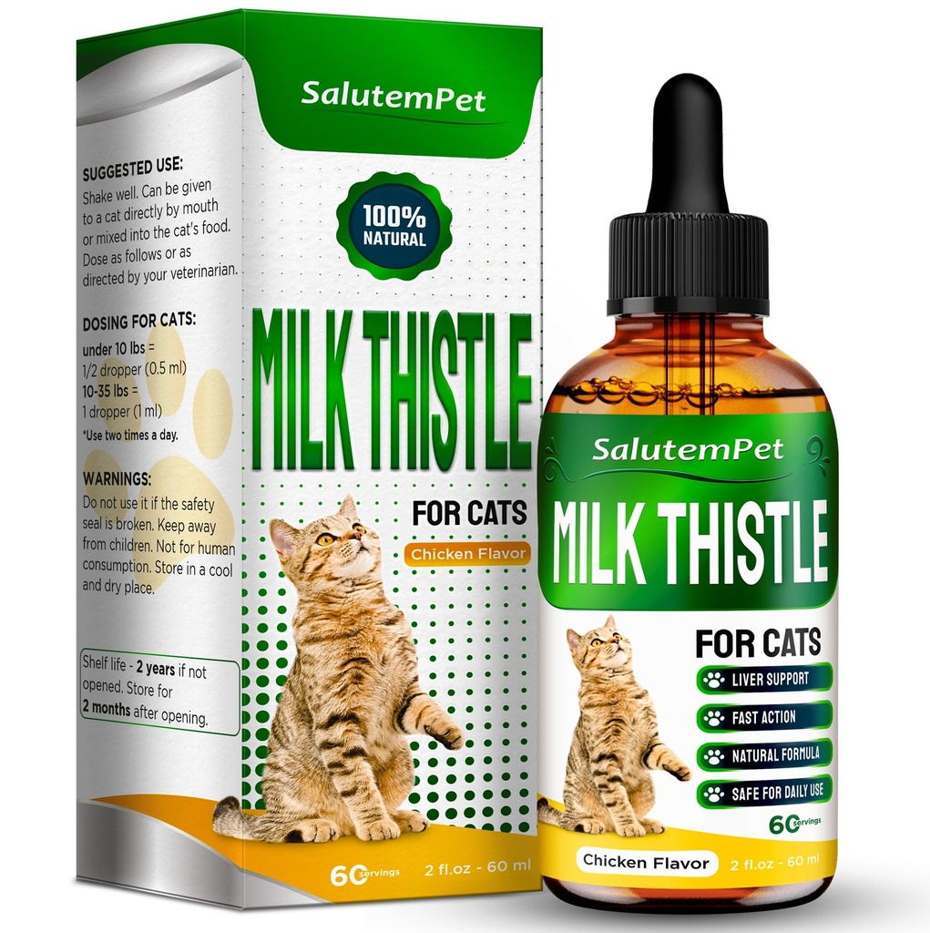 Сat Kidney Support | Milk Thistle for Cats | Integratore Herbal per Kittens & Adult Ones | Soluzione per tutte le razze | Cura del fegato | Сhicken Flavor | 2 Oz