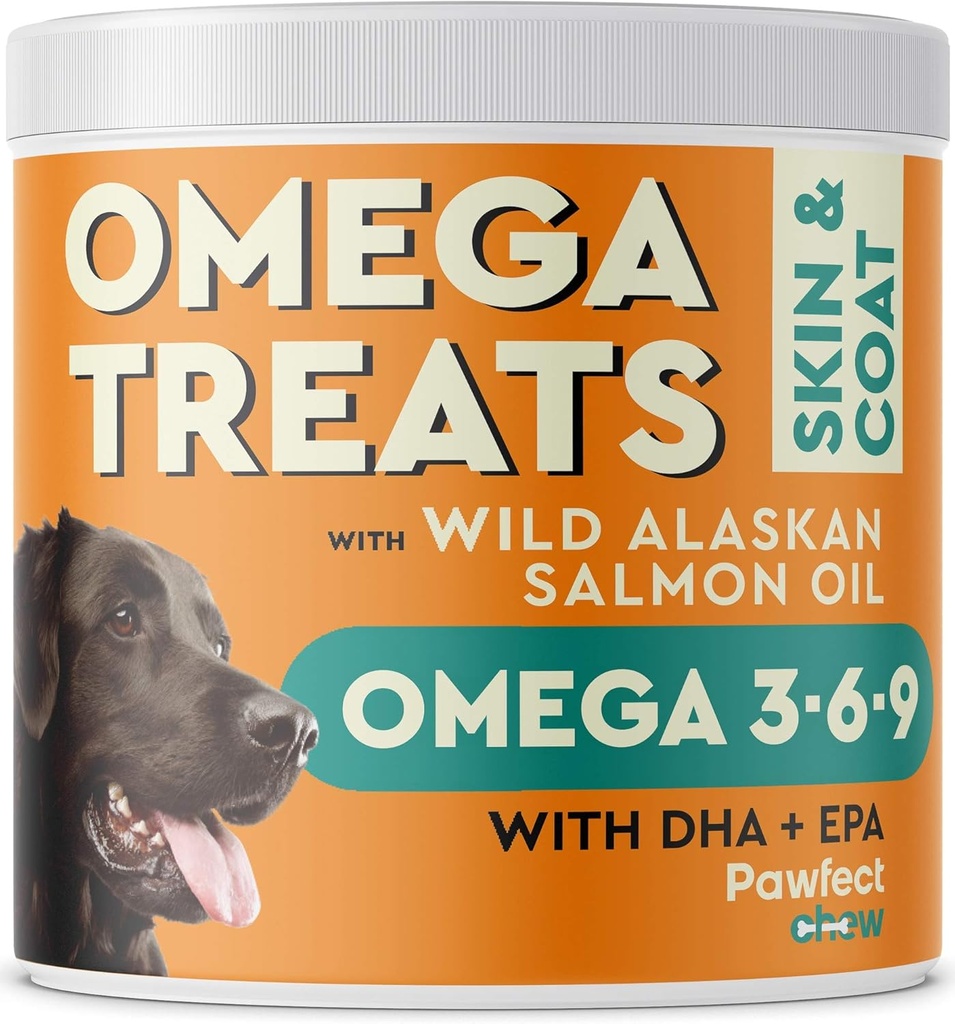 PAWFECTCHEW Omega 3 pour chiens (60 Chews) - Huile de saumon de l'Alaska pour chiens - Acides gras oméga - Supplément de peau et de manteau - Peau sèche démangeaison, mouillage et soulagement de l'allergie