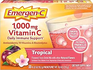 Emergen-C 1000mg Vitamin C Pulver, mit Antioxidantien, B Vitamine und Elektrolyte, Vitamin C Ergänzungen für Immununterstützung, Koffein Free Fizzy Drink Mix, Tropical Flavor - 30 Count/1 Month Supply