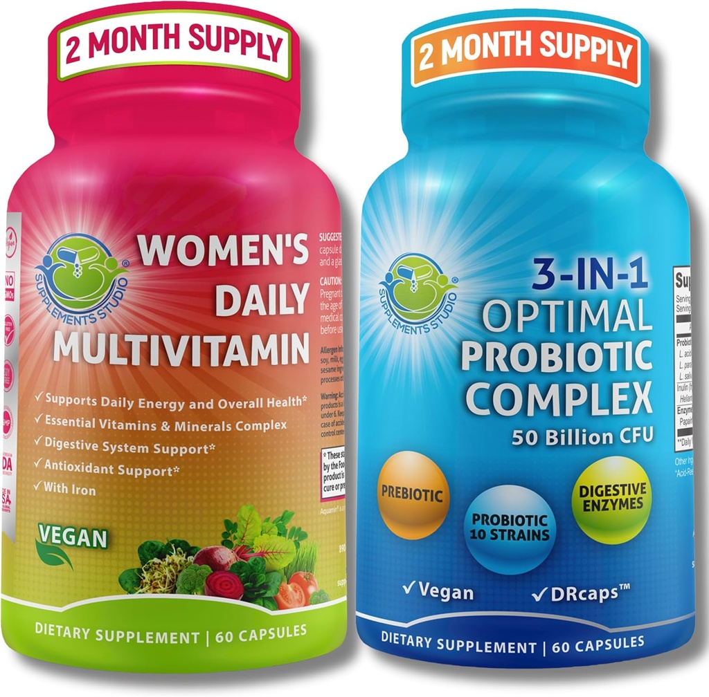 Multivitamin & Probiotic Support Bundle – 3-in-1 Probiotic mit Verdauungsenzymen & Prebiotic & Women’s Daily Multivitamin mit Eisen – Vegan, Non-GMO, Clean Daily Wellness Support