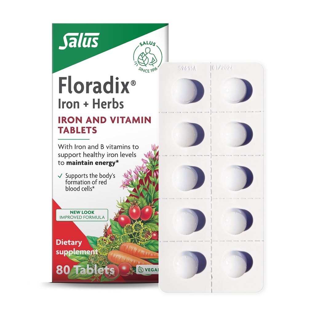 Comprimés de fer Floradix - Supplément de fer avec des vitamines B, acide folique, vitamine C et plus - Soutien énergétique - Végétarien et sans gluten - 80 comprimés (80 portions)