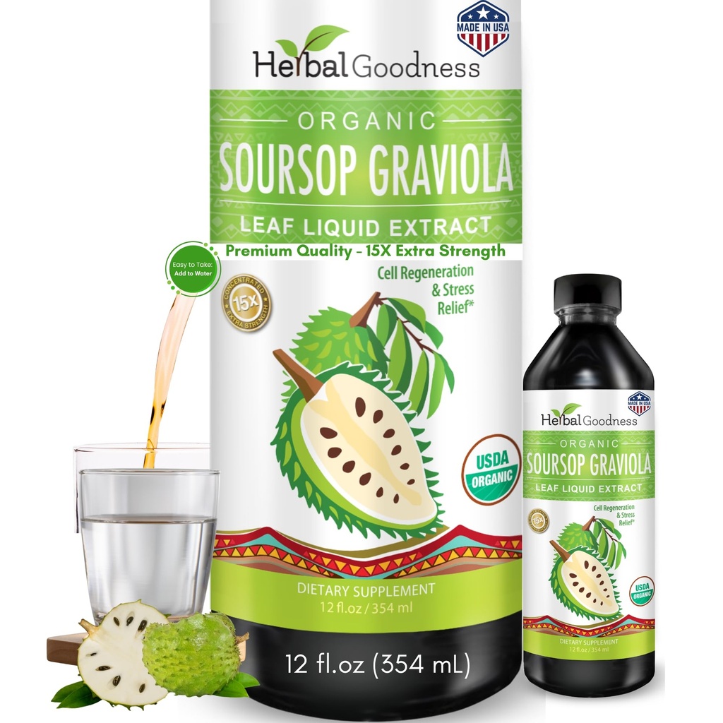 Kräuter Goodness Soursop Graviola Flüssigkeitstropfen 12 Fl Oz - 15X Stärke Organische Guanábana Soursop Blätter Extrakt für Gut Gesundheit, Zell- und Immununterstützung Serene Soursop Tropfen - Vegan, Non-GMO, Made in USA