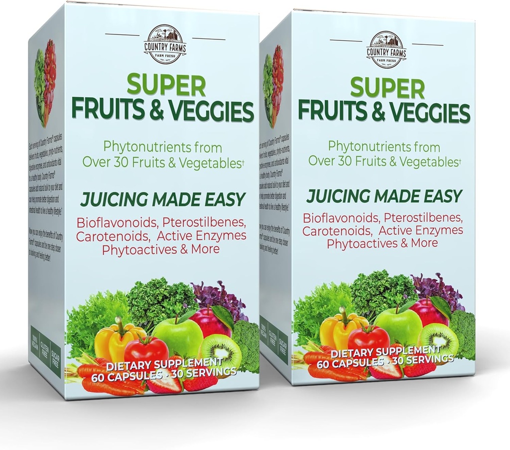 COUNTRY FARMS Super Fruits and Veggies Capsules, Ganzes Nahrungsergänzungsmittel, Leistungsstarkes Antioxidans, unterstützt Energie, Immungesundheit, steigert Verdauungsgesundheit, 30 Bio Super Foods, 60 Servietten, 2 Pack