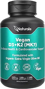 Naturalis Vegan Vitamin D3 + K2 mit extra nativem Olivenöl | 5000iu Vitamin D mit 120mcg MK7 Vitamin K | Bessere Unterstützung für Knochen und Immungesundheit | Vegan Gesellschaft zertifiziert 180 Softgels