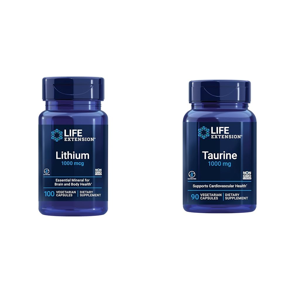 Life Extension Lithium 1000 mcg und Taurine 1000 mg - Gehirngesundheit, Anti-Aging, Langlebigkeit, Gedächtnis, Kognition, Stimmung, Herz, Leber, Muskel- und Übungsunterstützung - 100 Count