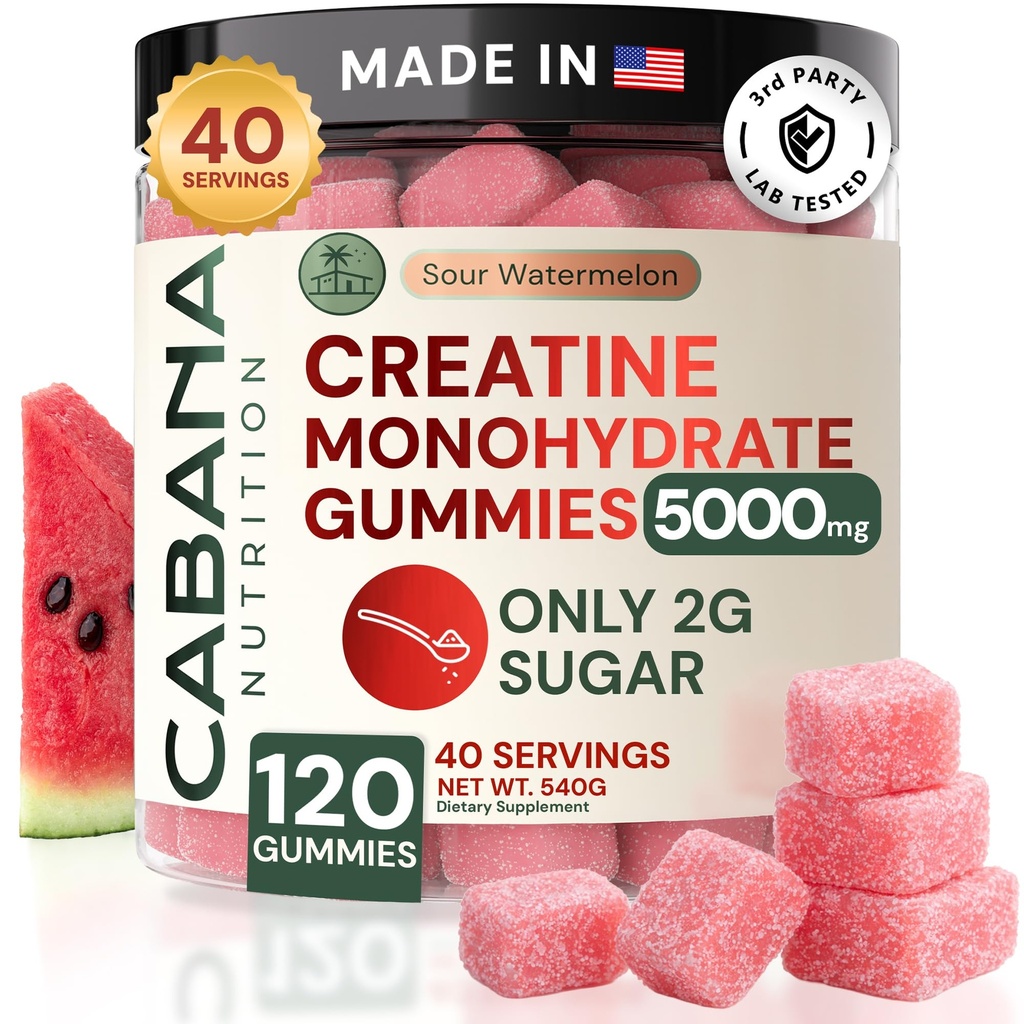 Gommies monohydratées créatine 5g - seulement 2g de sucre, fabriqué aux États-Unis - Arôme de pastèque aigre - Vegan & 3ème partie testée - Supplément avant et après l'entraînement pour les femmes et les hommes (120 comte, 40 portions)