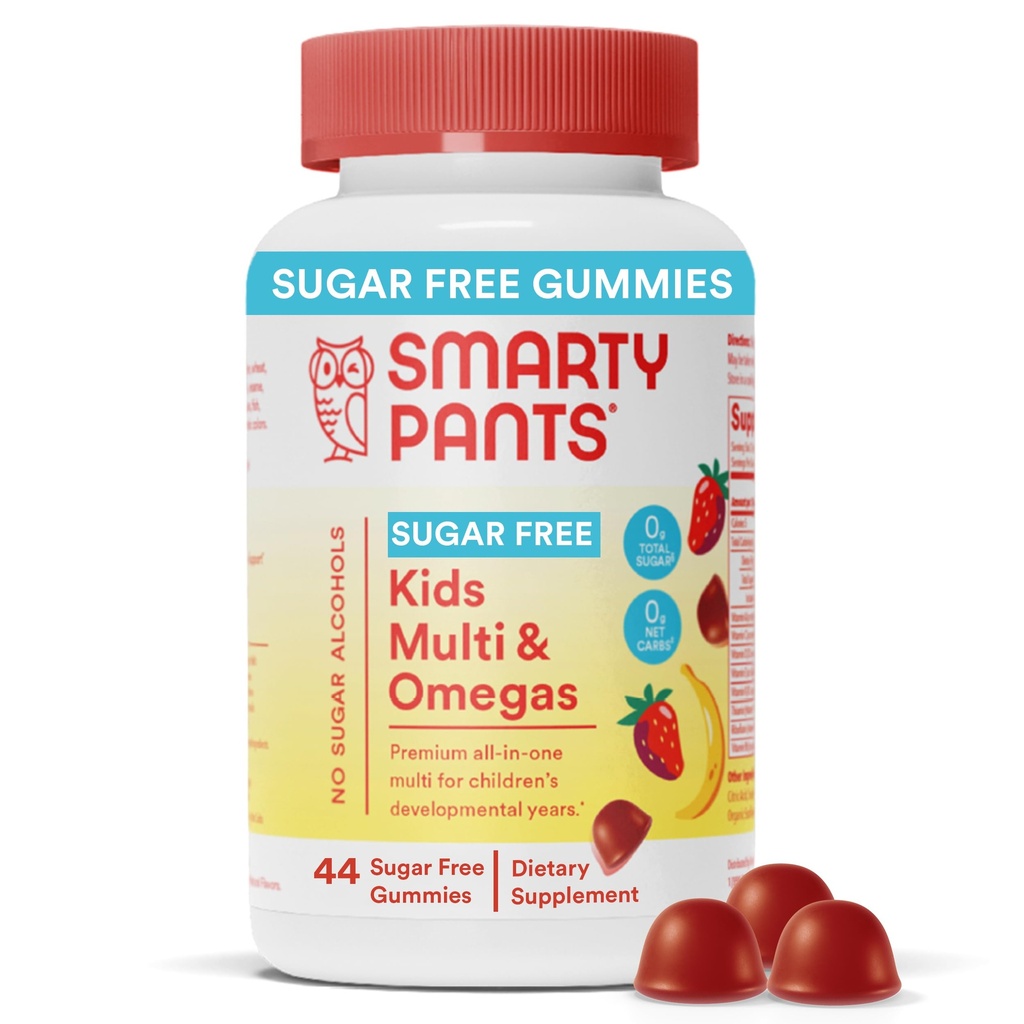 SmartyPants Gummies multivitamine enfants, sans sucre: Omega 3 (ALA), vitamine D3, C, vitamine B12, B6, A, K & zinc pour le soutien immunitaire, biotine, sans érythritol, banane fraise, 44 comte (22 jours)