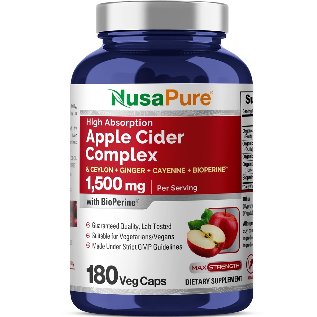 NusaPure Apple Cider Essig Complex 1500 mg 180 Veg Caps Geeignet für Vegetarier und Vegane, Non-GMO