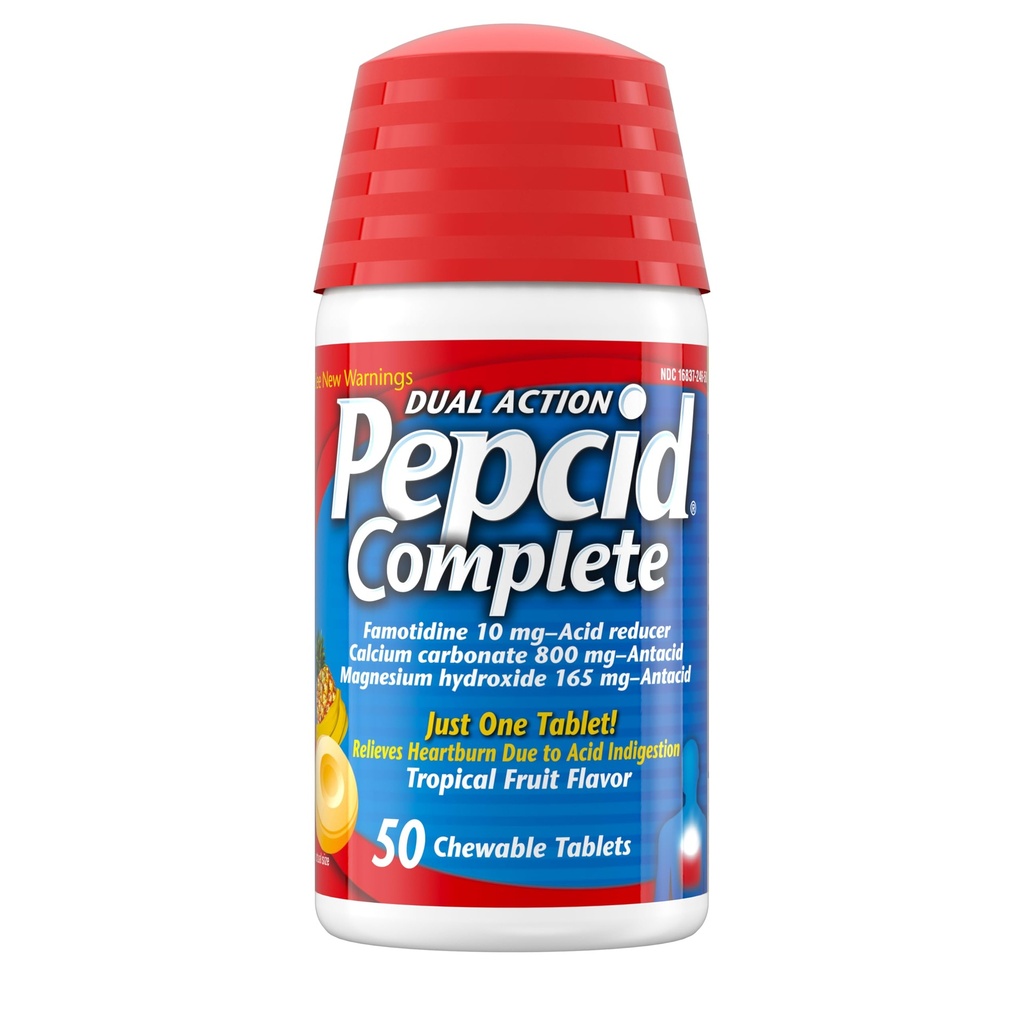 Riduttore di acido completo di peptidi + anacido per il riflusso acido, 10mg Famotidina, carbonato di calcio di 800mg & 165mg idrossido di magnesio per la Tablet di bruciore di stomaco, chews di azoto, frutta tropicale, 50 ct