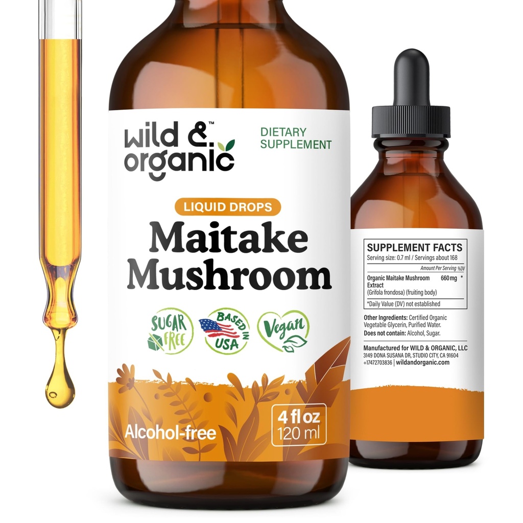 Wild & Organic Maitake Mushroom Tincture - Integratore di supporto immunitario - Liquid Maitake Mushroom Extract - Vegan, Sugar & Alcohol-Free Drops - 4 fl oz