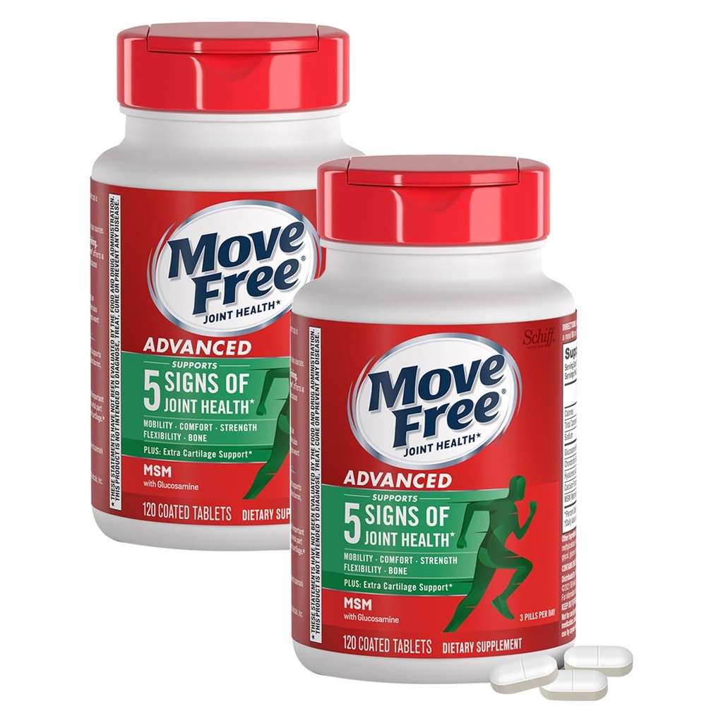 Move Free Advanced Glucosamine Chondroitin MSM Joint Support Supplement, unterstützt Mobilität, Komfort, Stärke, Flexibilität & Knochen, 120 Tabletten/40 Servierungen (2 Pack)