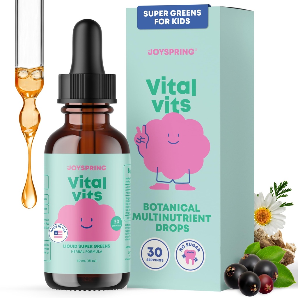 JoySpring Vital Vits - Kids Liquid Multivitamin - 1 fl oz (30 Servierungen) | Kräuterflüssigkeit Vitamine für Kinder | Natürliche Geschmack | Kleinkind Multivitamin mit Elderberry, Spirulina, und mehr