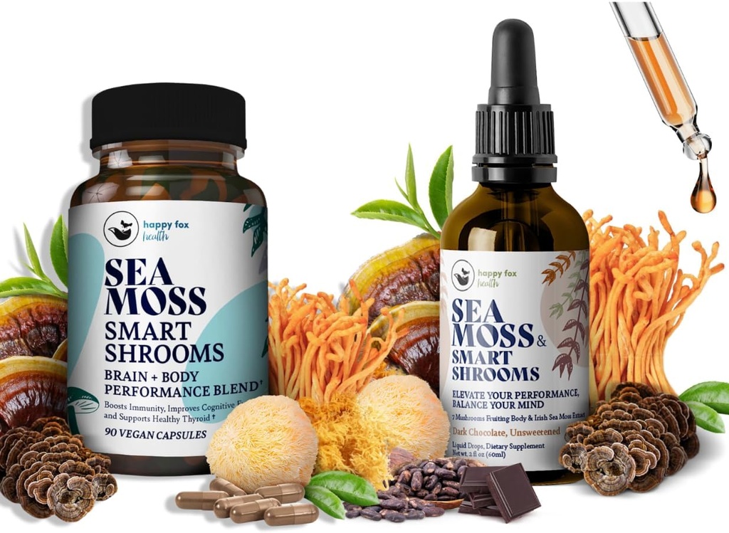 Brain Superfoods Bundle - Organic Sea Moss & Smart Shrooms, Capsules and Liquid Drops Bundle, Organic Irish Seamoss e 7 Adaptogenic Supplements for Memory and Focus. Gocce liquide in aroma di cioccolato