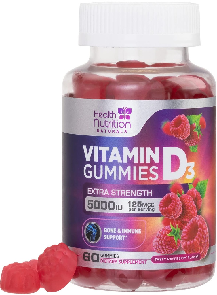 Vitamina D3 Gummies 5000 IU (125 mcg) - Supporto Triple Strength Bone e Immune, Integratore alimentare della pancia della vitamina D, Integratore della vitamina della bacchetta D della natura, Raspberry Flavored, Non OGM - 60 Gummies