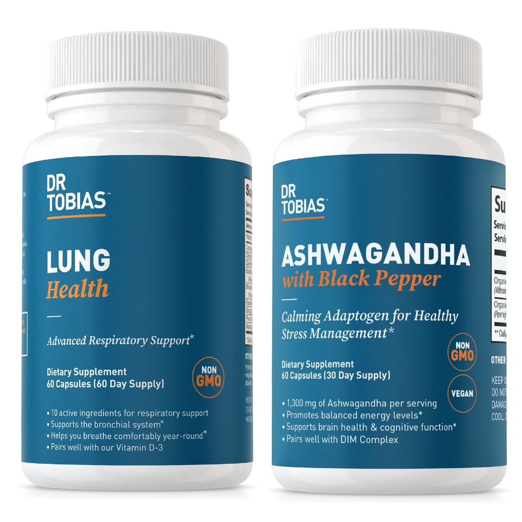 Dr. Tobias Lung Health and Ashwagandha Capsule - Lung Cleanse & Detox per Bronchial & Respiratory System con calma Adaptogen Formula, Non-OGM