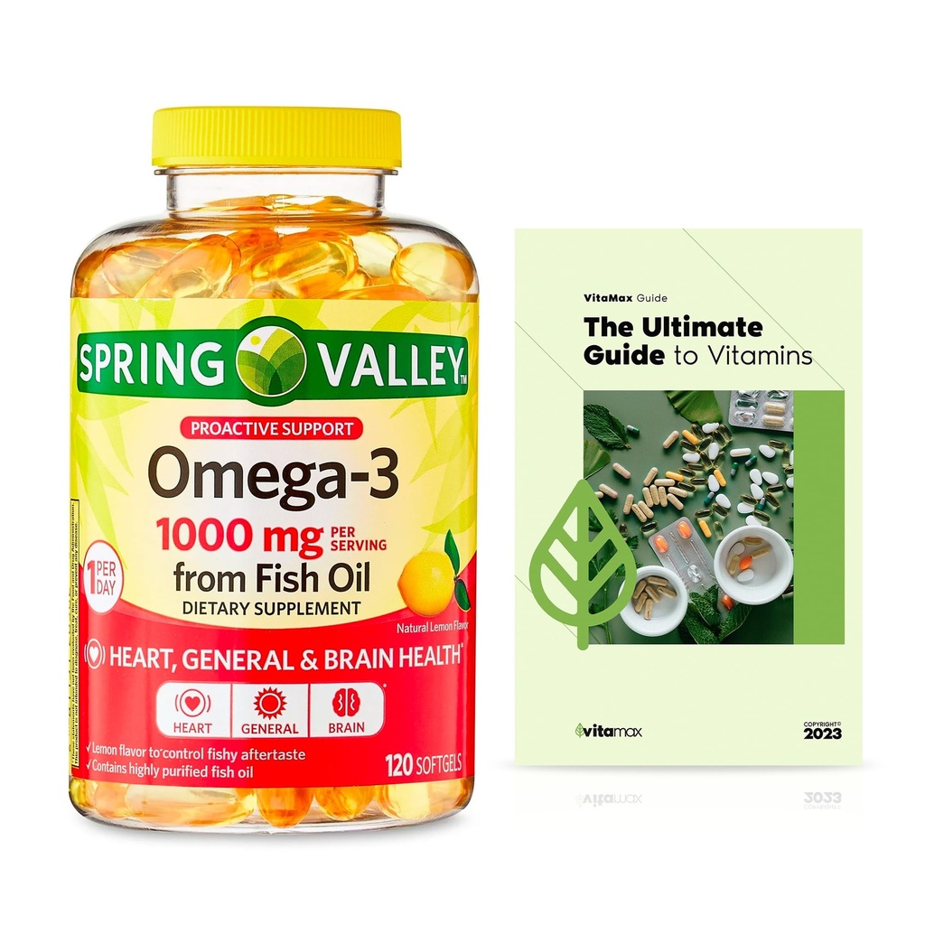 Spring Valley Omega-3 von Fish Oil 1000 mg, Maximum Care, 120 Count + Exklusive VitaMax Vitamin Guide (2 Artikel)