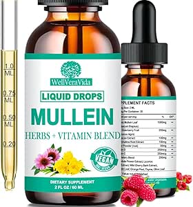 Gocce di Mullein per polmoni, Estratto di foglie di Mullein Organico w/Elderberry Echinacea Gocce per polmone Salute Mullein Foglia Alcohol Free - Detox polmonare per Smoker Immunity & Respiratory Support