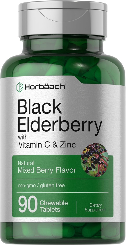 Horbaach Schwarze Holunderbeere mit Vitamin C und Zink | 90 Kautabletten | Mixed Berry Flavor | Immune Support Complex | Vegetarische, nicht-GVO und glutenfreie Ergänzung