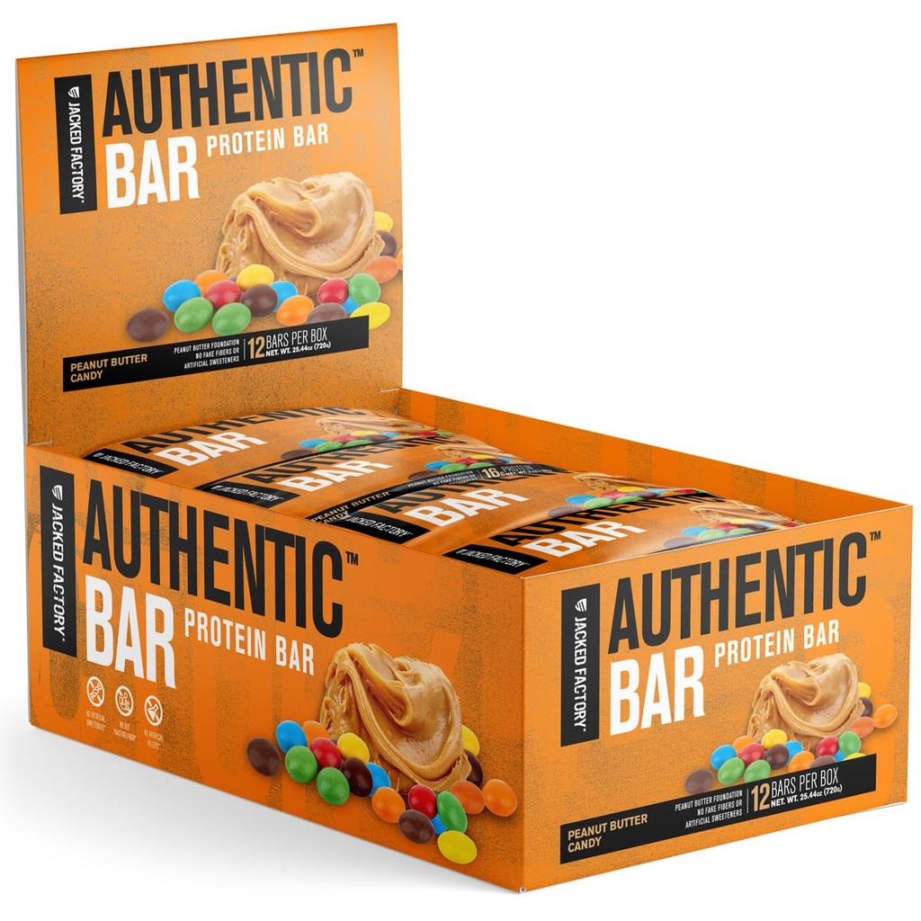 Barres de protéines de beurre d'arachide authentiques - Barres d'énergie de remplacement de repas savoureux avec 16g d'isolat de protéines de lactosérum, Sucres naturels du miel pur, gras sain - 12 Pack
