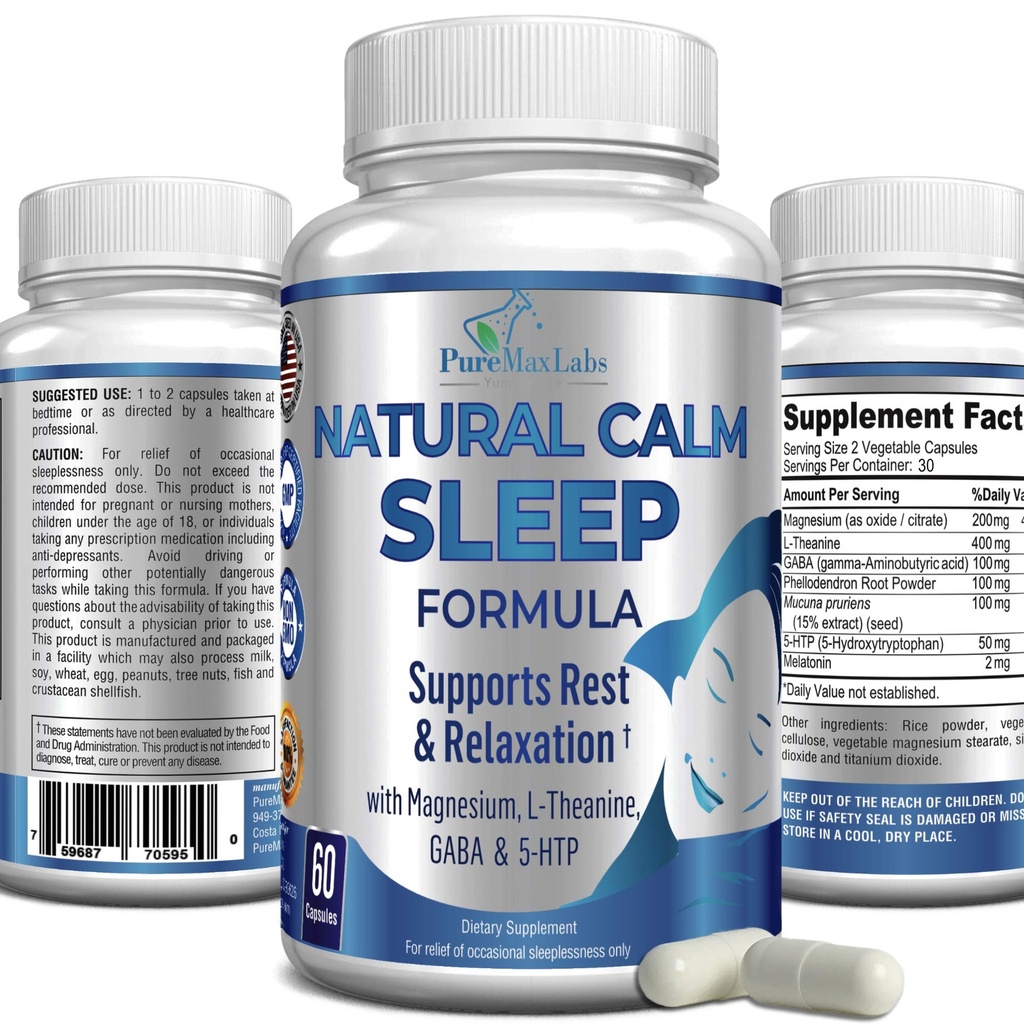 Natural Calm Sleep Aid con Magnesio, L-teanina, Melatonina, GABA, 5-Htp | Sleep Aid | Non-GMO - 60 capsule