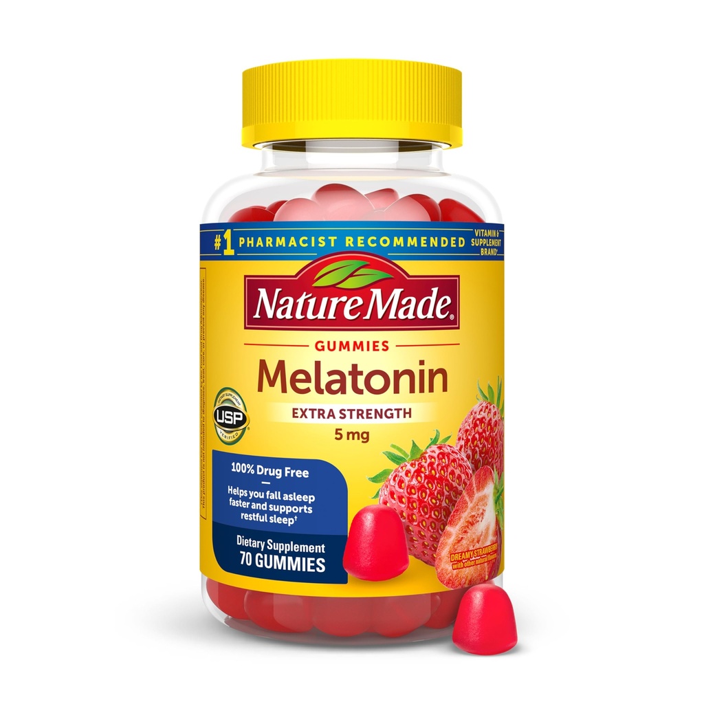 Natur Made Melatonin 5mg Adult Melatonin Gummis, 100% Drug Free Sleep Aid, 70 Gummis, Extra Strength Nature Made Melatonin