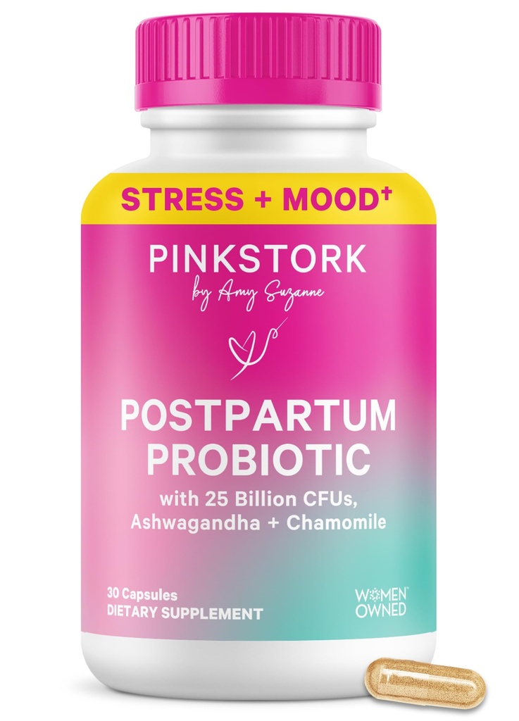 Pink Stork Probiotiques pour les femmes postnatales - 30 Million CFUS avec Ashwagandha et Camomile, Essentiels postpartum pour l'équilibre hormonal, le soutien de l'humeur, la santé de la gueule, le bien-être digestif, 30 capsules