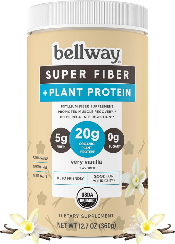 Bellway Super Fiber + Protein Powder, Sugar-Free Organic Psyllium Husk Faserergänzungspulver mit 20g Pflanzenprotein pro Servierung, Sehr Vanille, 12,7 Unze