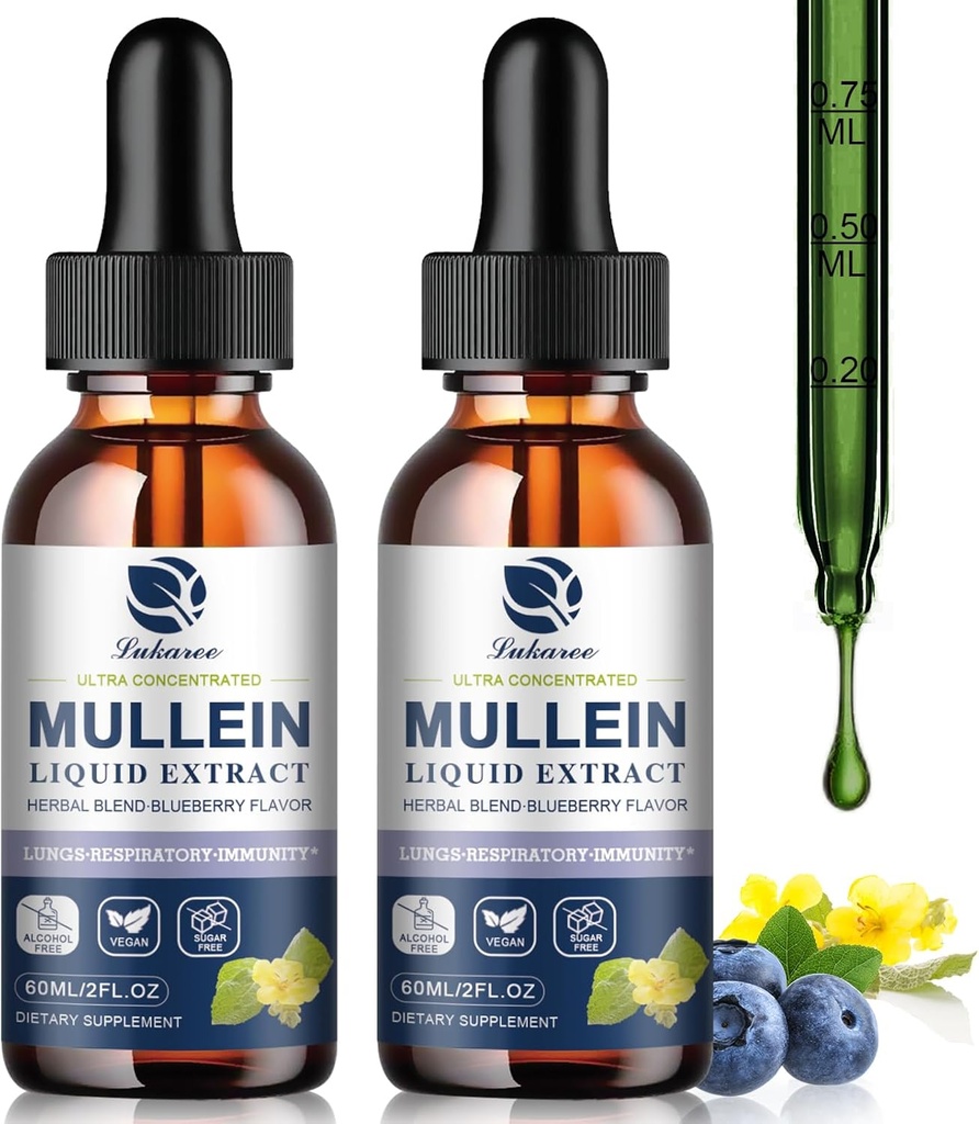 Gocce di Mullein per polmoni, Detox polmonare & Cleanse, Vegan Mullein Leaf Extract Tincture con Chlorophyll Elderberry, ecc, Integratore naturale di erbe per Respiratorio, Immune, 60 Serve