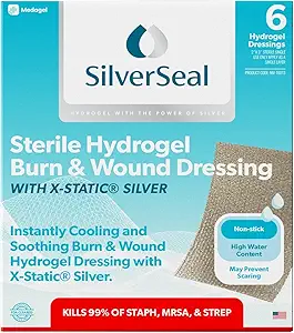 Dressing SilverSeal et Wound, tampons hydrogel avec argent X-Static, apaisant, hydratant et protecteur pour les brûlures, les coupures et les blessures, 2" x 3" Dressing stérile, 6 comtes