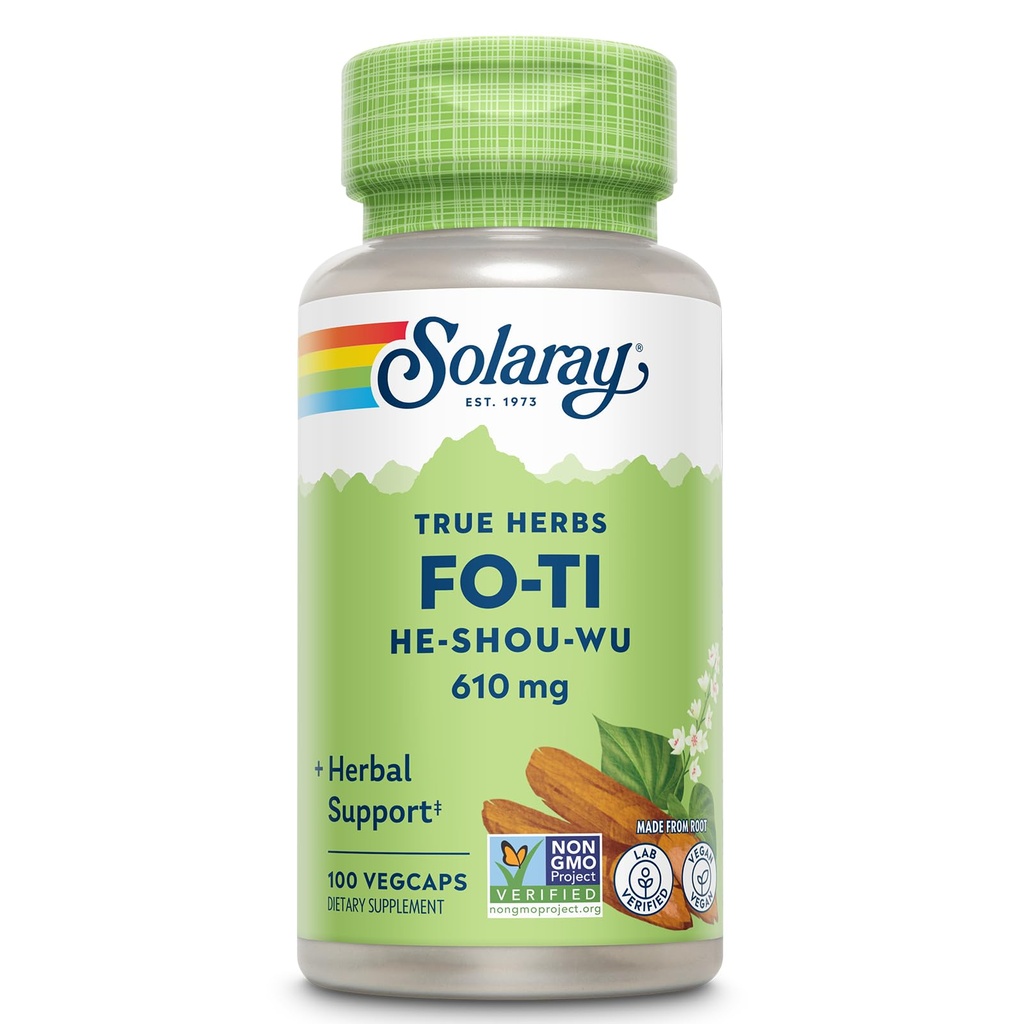 SOLARAY Fo-Ti 610 mg - Supporto a base di erbe per l'invecchiamento, la longevità e i capelli, la pelle e le unghie - Vegan - Garanzia di rimborso di 60 giorni - 100 Serve, 100 VegCaps