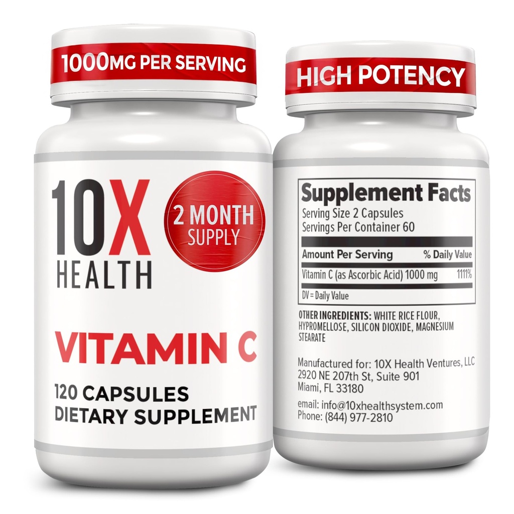 10X Salute Vitamina C 1000mg - 120 Capsule Vitamina C, Acido Ascorbico ad Alta Dose per Immunità, Protezione Antiossidante, Supporto Collage & Tessuto per Adulti - VitaminC 1000 mg - Non OGM, Senza Glutine