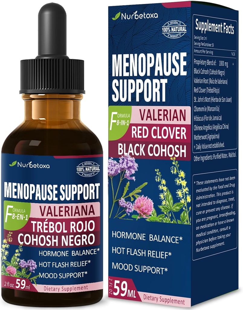 Gocce di sostegno di cohosh nero, integratori di Phytoestrogen W/Red Clover, Motherwort & St. John's Wort Extract for Hot Flashes, Night Sweats & Comfort. Cimicifuga para Menopausia. 2oz