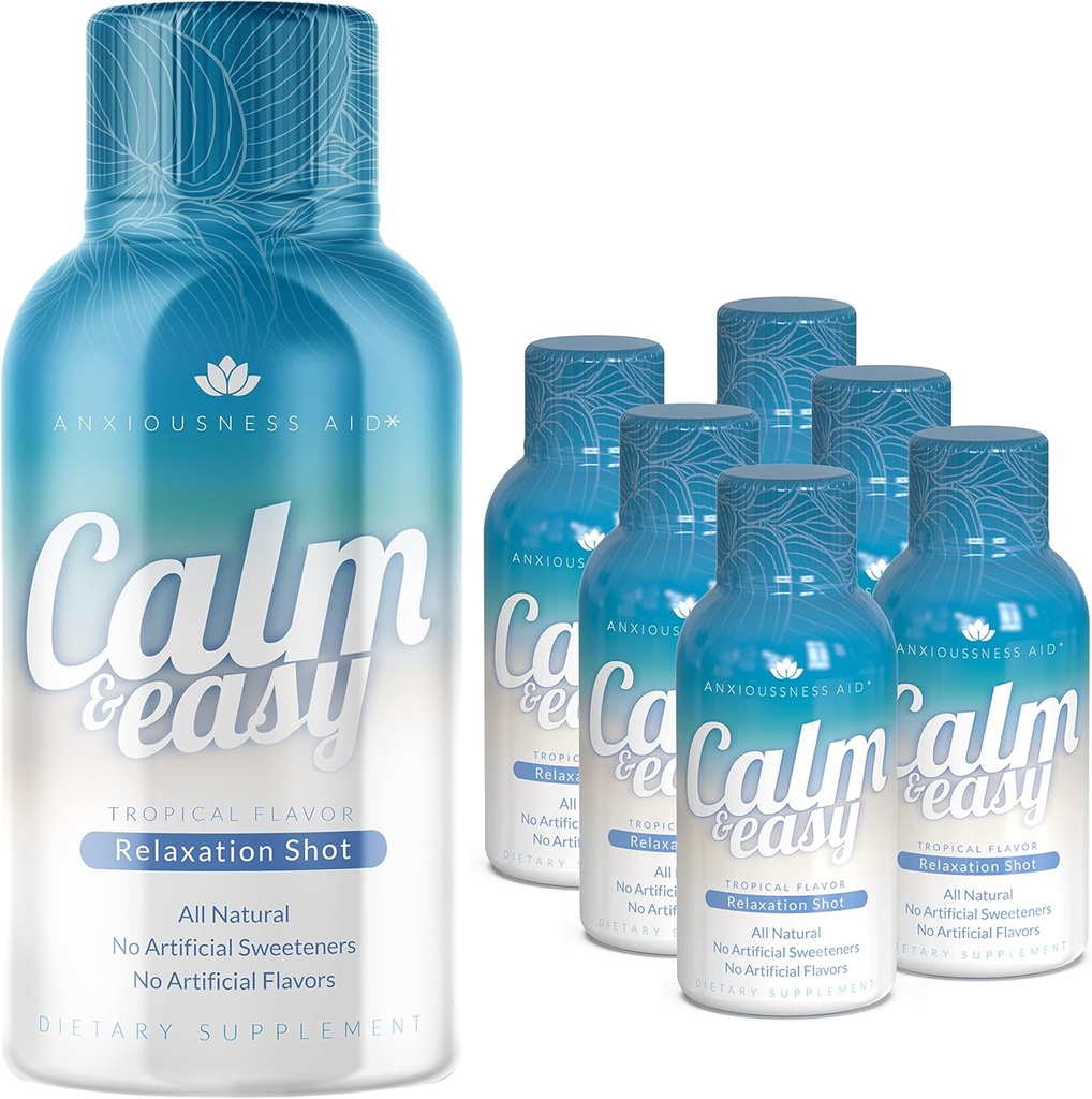Calm & Easy - Natural Stress Relief Shot, KSM-66 Ashwagandha, Suntheanine L Theanine, Calming Adaptogen Drink, Entspannung, Fokus und Stimmung | 2 oz Liquid Bottle (6 Pack)