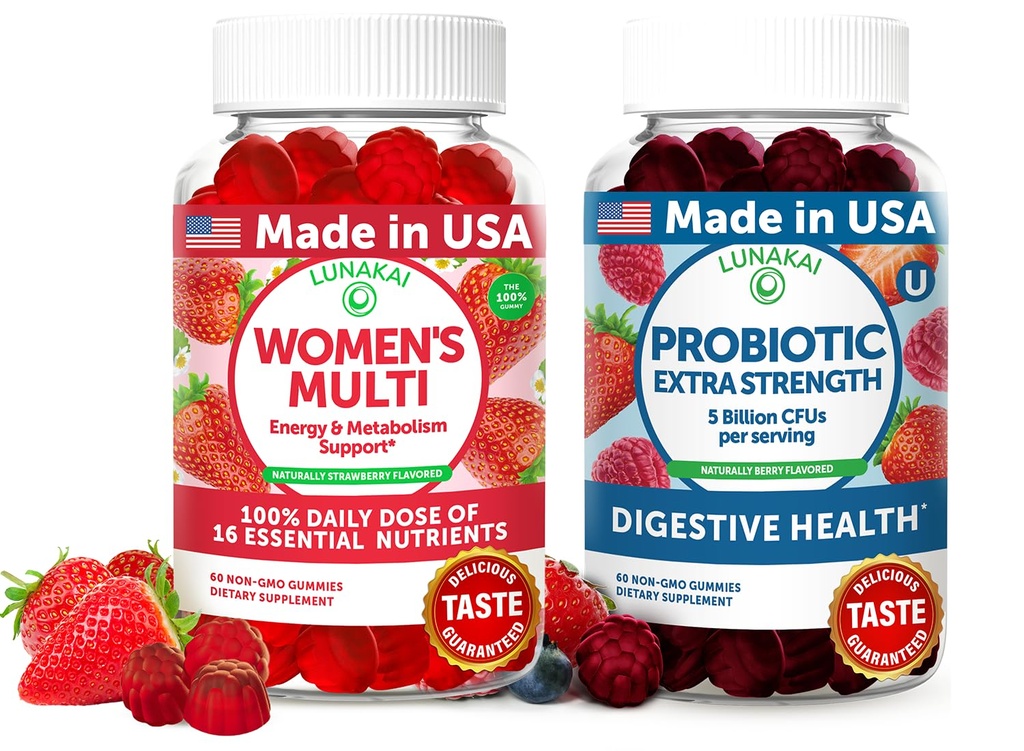 Lunakai USA ha fatto le donne Multivitamina & Probiotic Gummies Bundle – 16 Multi Vitamine & Probiotici per il supporto della digestione – 60ct Ogni