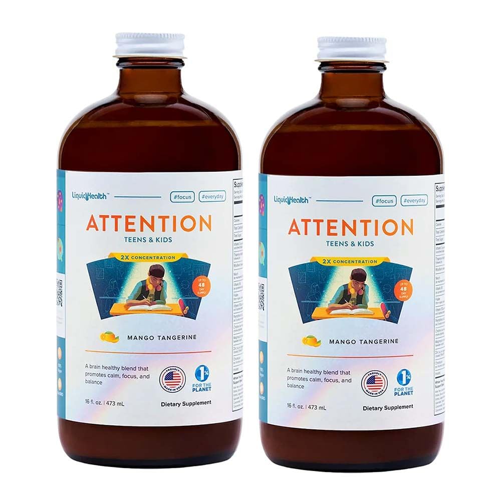 LIQUIDHEALTH Attention, Liquid Multivitamin für Kinder & Jugendliche - Verbessert Gedächtnisretention, Konzentration, Fokus, Stimmung, Entspannung & Beruhigung - Made in USA, Great Taste, Vegan, Sugar-Free (2 Pack)