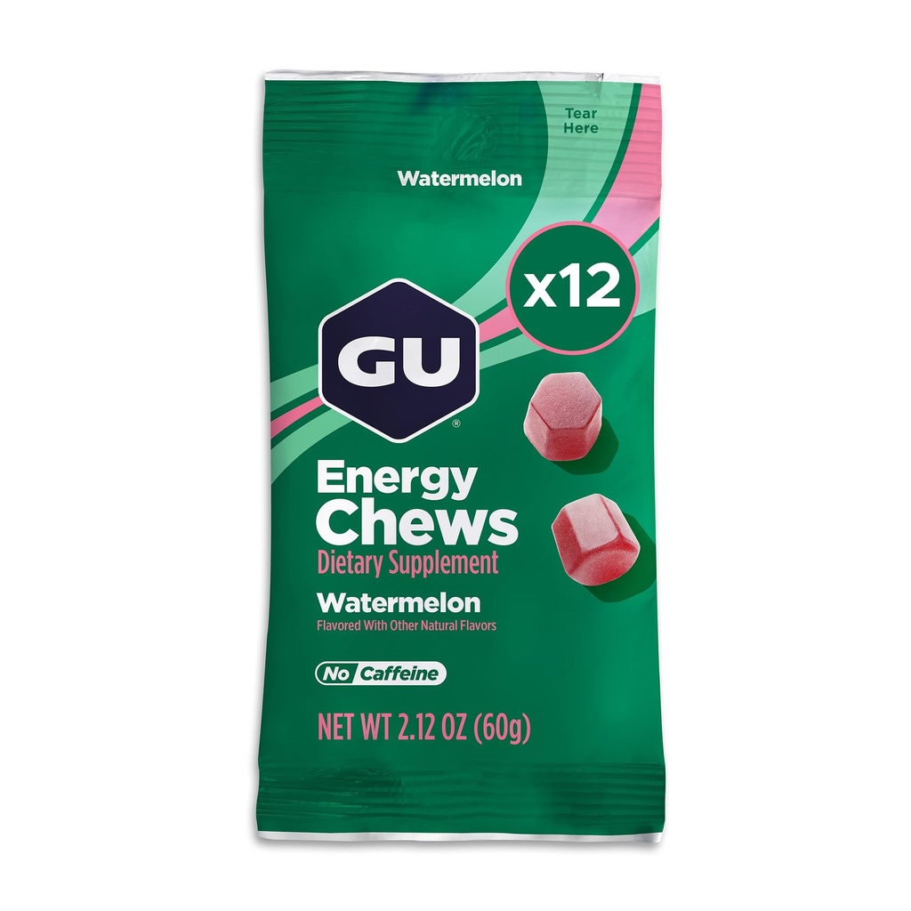 GU Energy Chews, Watermelon Energy Gummies avec électrolytes, végétalien, sans gluten, sans casher, sans caféine et sans lait pour tout entraînement, 12 sacs (24 portions Total)