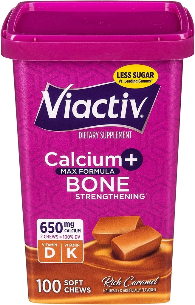 Viactiv Max Formula Calcium +Vitamin D3 Supplement for Bone Health, Rich Caramel, 100 Soft Chews - 6 Pack