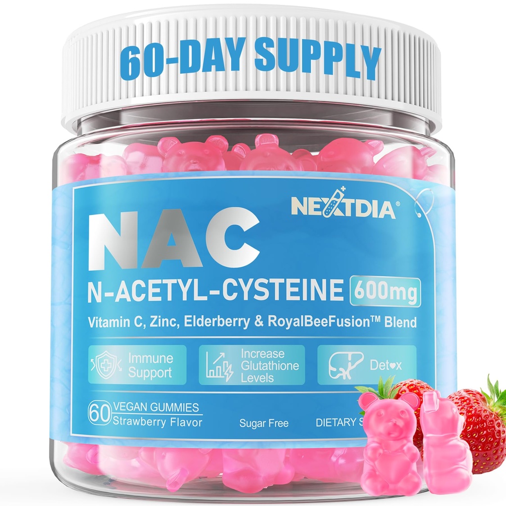 Nextdia NAC Gummies pour les enfants et les adultes, Supplément N-acétyl Cystéine à croquer 600mg 1000mg avec Vitamine C, Zinc, Elderberry pour les antioxydants et le soutien immunitaire, santé pulmonaire et du foie, sans sucre, 120 Ct