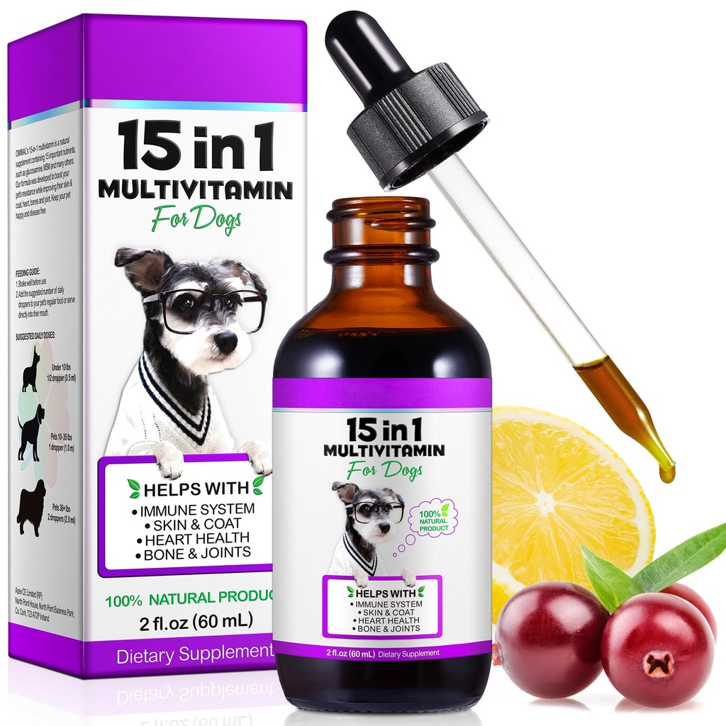 Dog Multivitamin,15 in 1 Hund Multivitamin Flüssigkeitstropfen Nahrungsergänzungsmittel, Hunde Vitamine für Herzgesundheit, Knochen, Gelenk, Haut und Mantel, Blase, Immunsystem Unterstützung 60ml