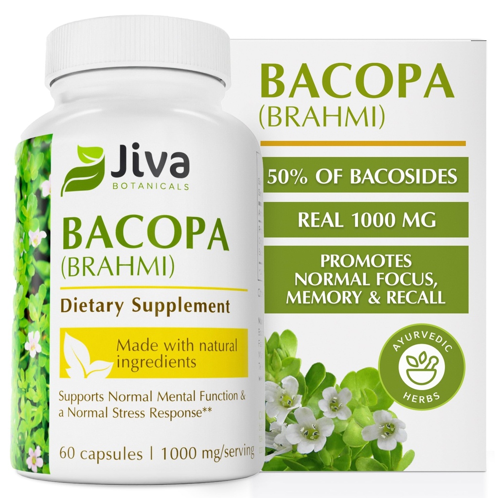 Jiva Botanicals Bacopa Monnieri Supplement Pure 1000mg pro Servieren - Hohe Potenz Bacopa Monnieri (Brahmi) & Extrakt für normale Gehirn, Fokus, & Memory-Unterstützung - Ayurvedic Kräuter - 60 Kapseln