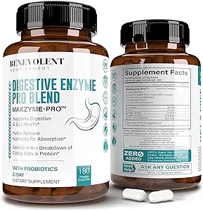 Supplemento di enzimi digestivi - 180 capsule, Proprietario 2500HUT Makzyme-Pro Blend Probiotics Plus Papaya, Bromelain, Multi estratti naturali per la digestione sana e la riduzione di Bloating