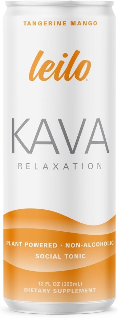 LEILO | Kava Powered Sparkling Relaxation Drink | Tangerine Mango 12-Pack – Non-ALC Calming Beverage | 12 fl oz Cans (Pack von 12) | Packaging May Vary
