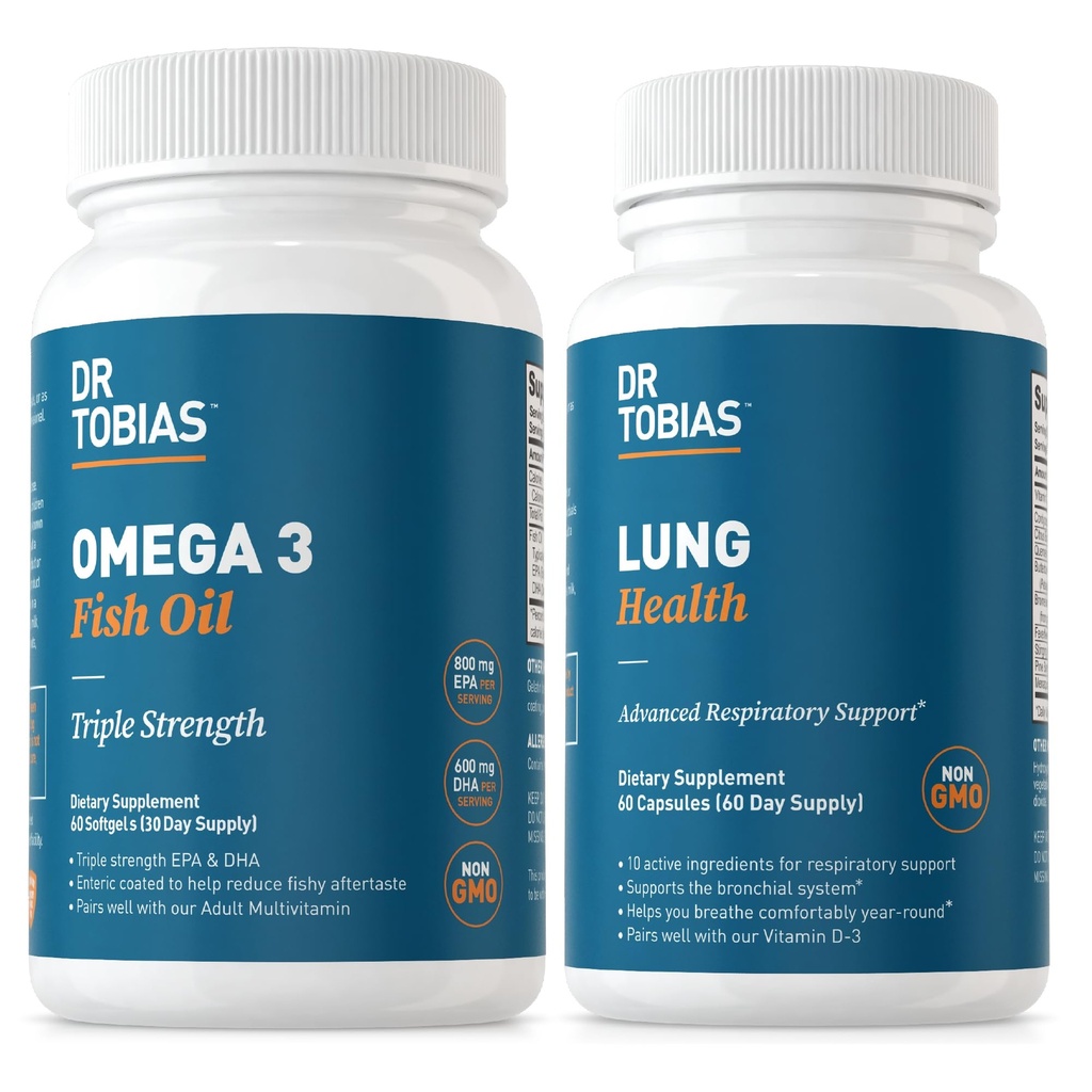 Dr. Tobias Omega 3 Fish Oil & Lung Health Supplements für Herz, Gehirn & Immununterstützung, Lung Cleanse & Detox Formel für Bronchial & Respiratory System, 60 Kapseln