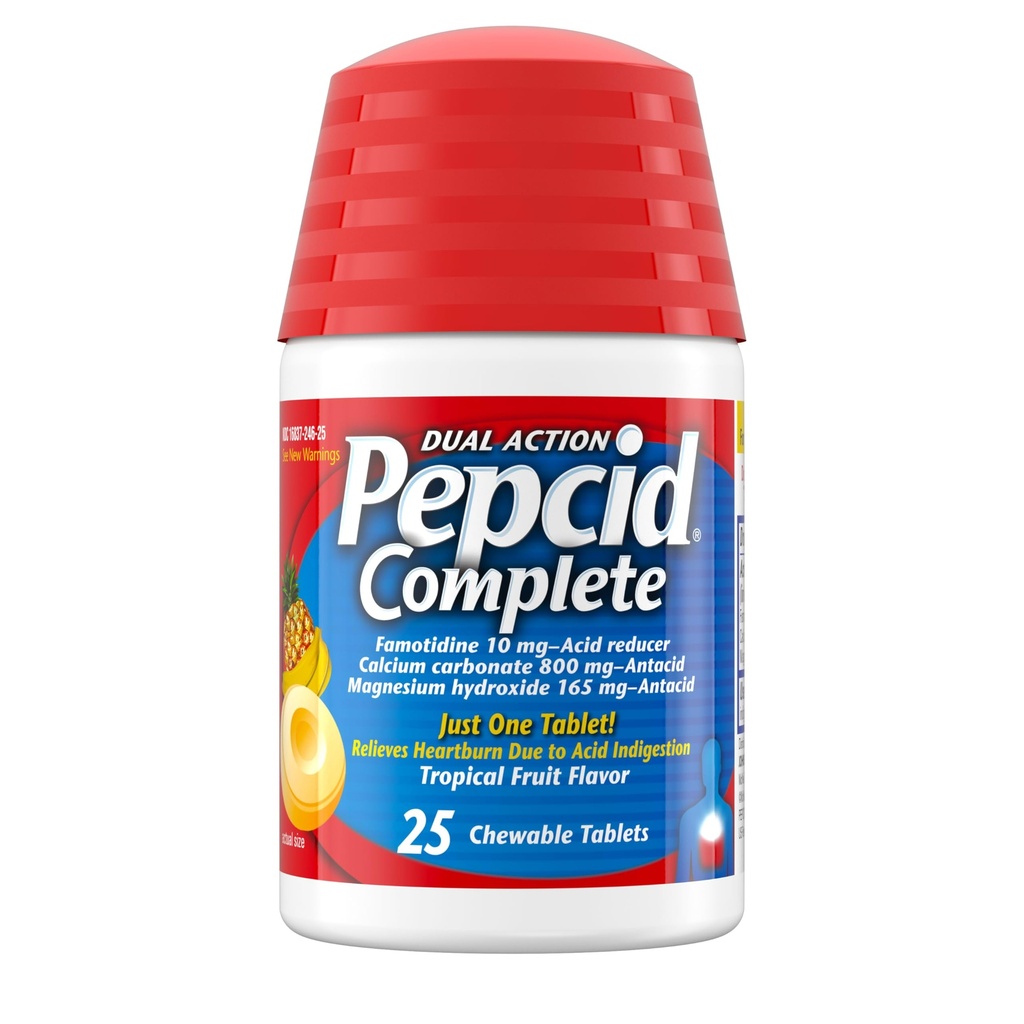 Pepcid Complete Acid Reducer + Antacid for Acid Reflux, 10mg Famotidin, 800mg Calcium Carbonate & 165mg Magnesium Hydroxide per Heartburn Tablet, Antacid Chews, Tropical Fruit, 25 ct