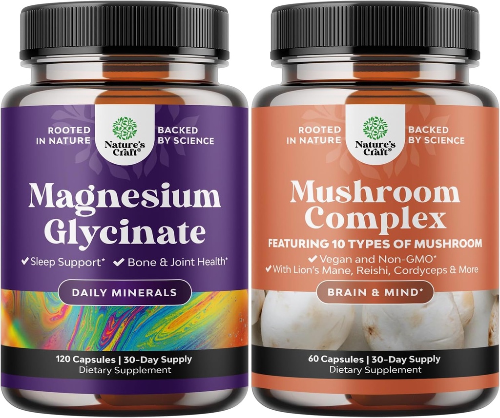 Bundle von Magnesium Glycinat Kapseln Mineral und Nootropic Brain Fokus Pilz - Immununterstützung Knochen Gesundheit Stimmung Unterstützung - 10X Pilzmischung für Zucker Balance und Mental Fokus