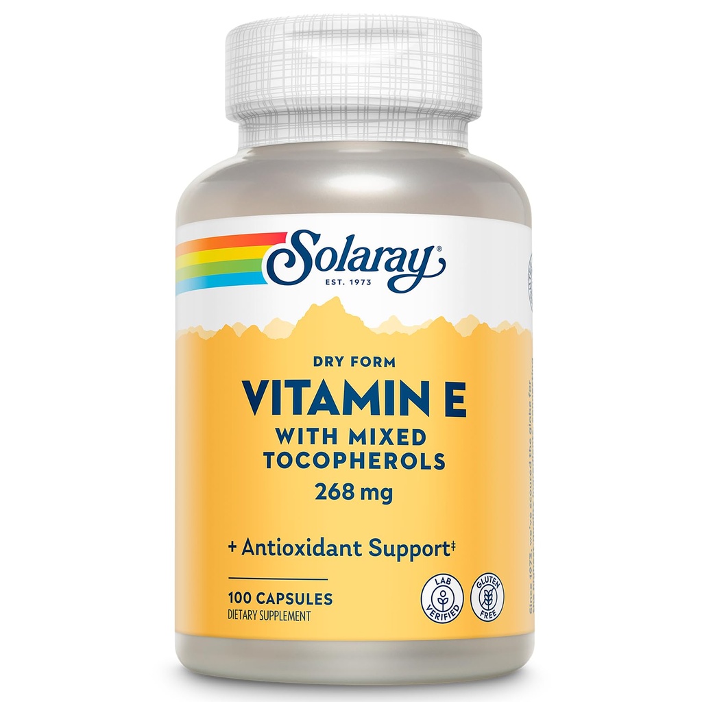 SOLARAY Vitamina E 400 IU (268mg), Forma Asciugata - Sorgente Naturale, Tocoferoli Misti Vitamina E - Supplemento Antiossidante, Supporto PMS e Menopausa - Garanzia di 60 giorni, Lab verificato - 100 Serv, 100 capsule
