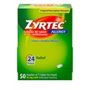 Zyrtec 24 heures comprimés antiallergiques, individuellement emballés en médecine d'allergie intérieure et extérieure avec 10 mg de HCl cétirizine par comprimé antihistaminique, 1 comprimé par emballage, 50 ct Dispensit Pack